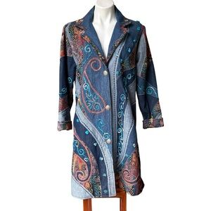 Vtg Parsley & Sage Patchwork Embroidered Brocade Tapestry Long Denim Jacket, XL